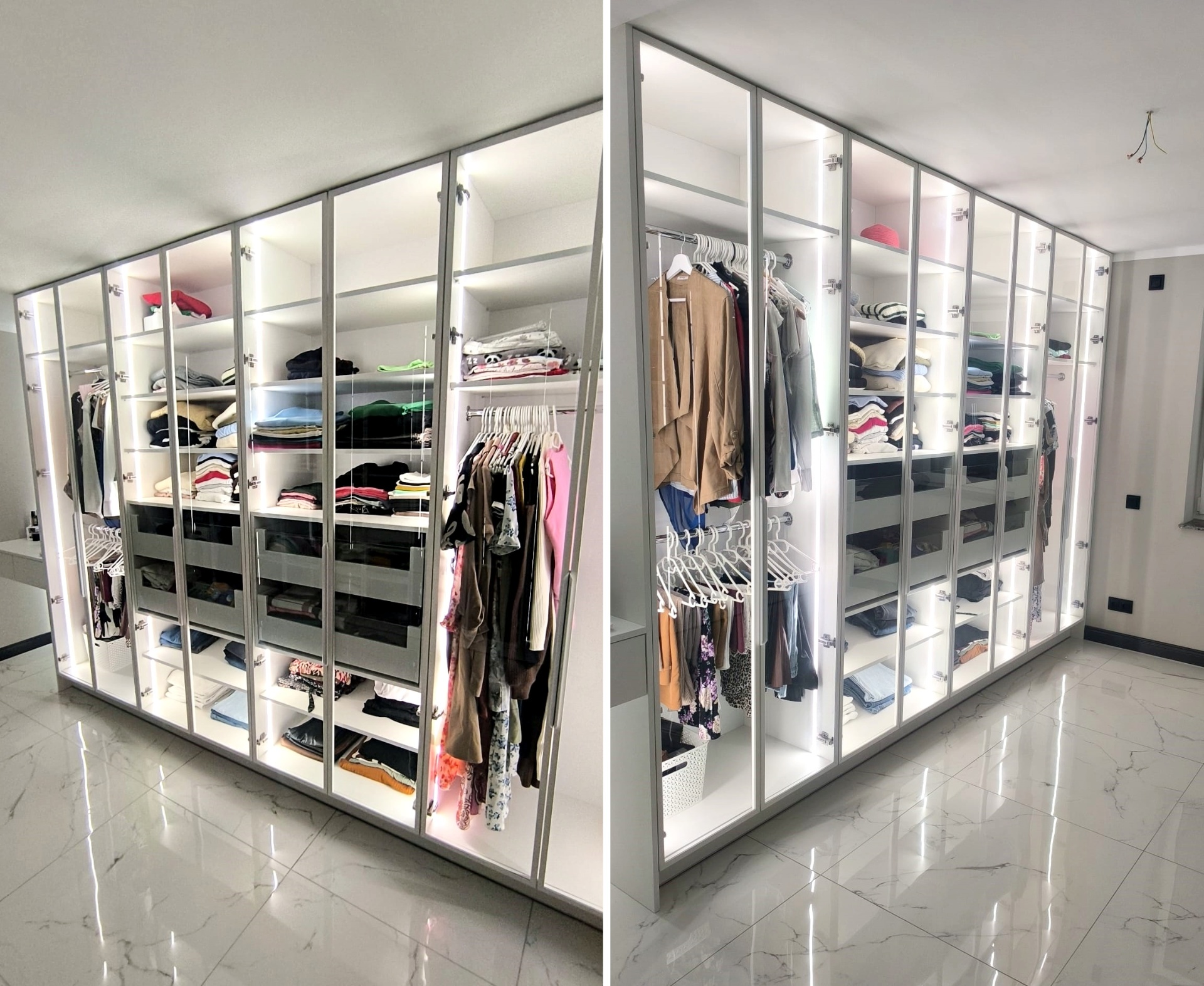 Begehbare Ankleide mit Glasfronten und LED-Beleuchtung