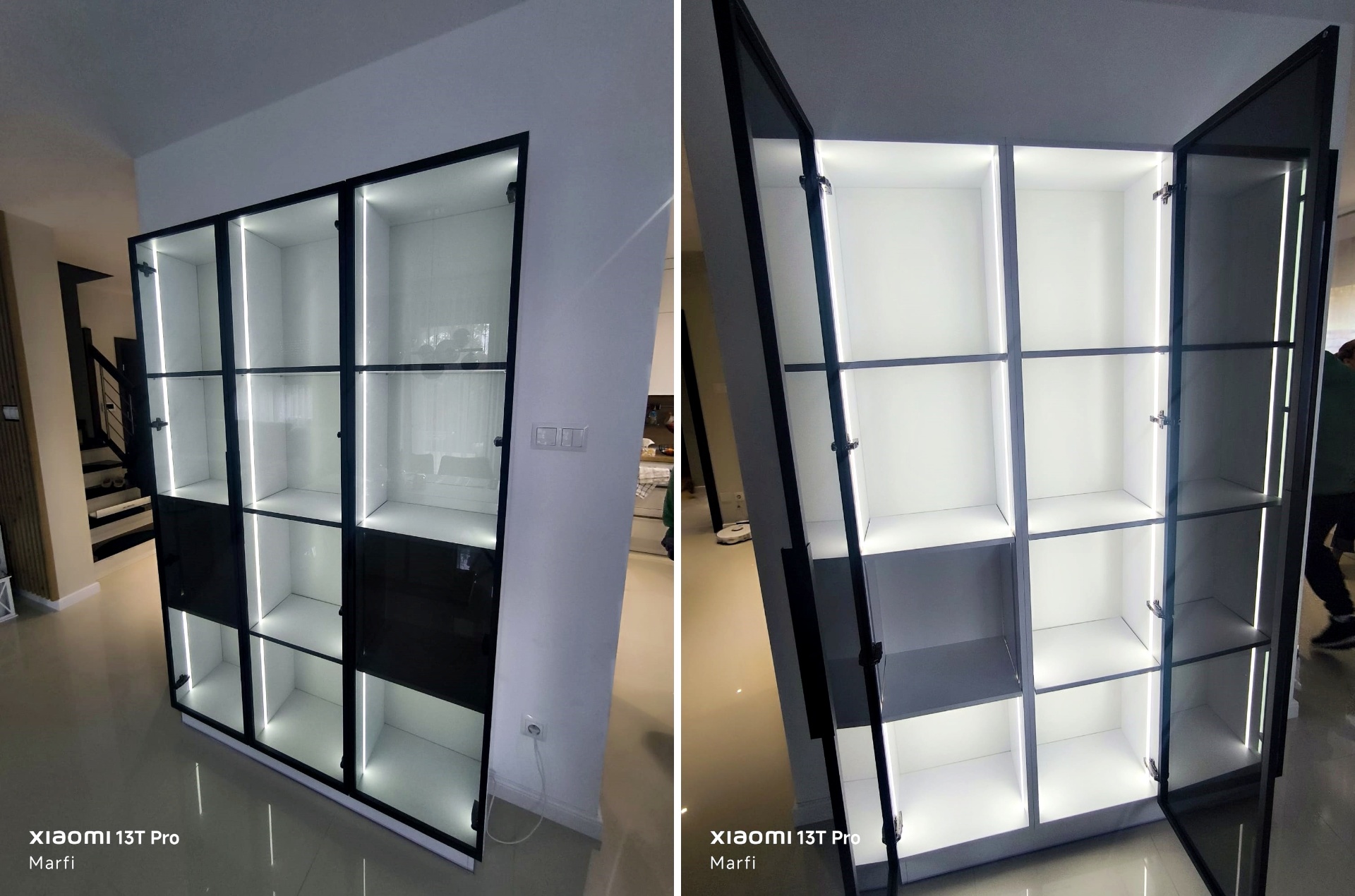 Vitrine mit schwarzen Rahmen und LED-Beleuchtung