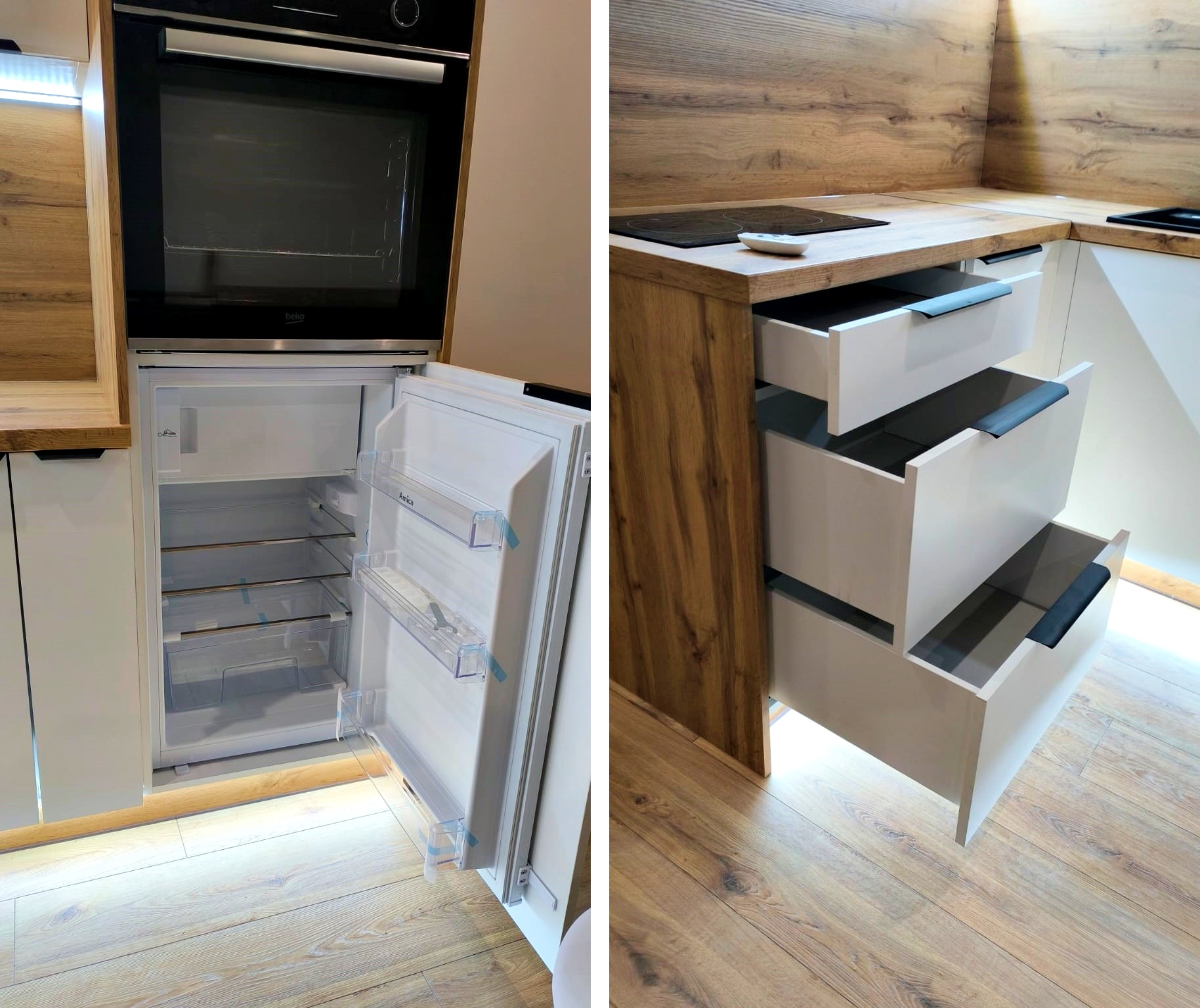 Küche mit integriertem Kühlschrank und Backofen