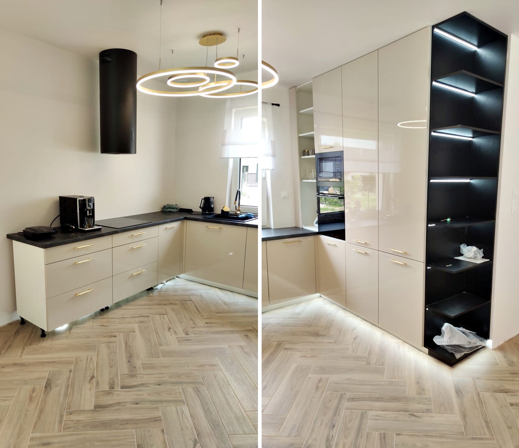 Küche in Beige-Hochglanz mit goldenen Griffen und Vitrine