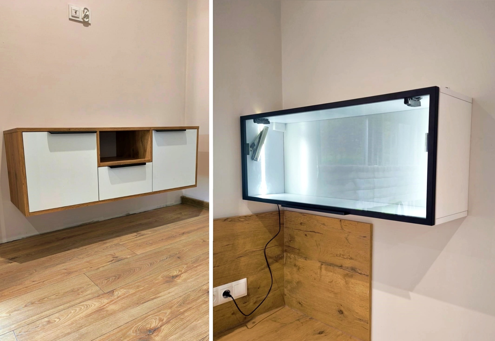 Wandhängendes Sideboard mit beleuchteter Vitrine